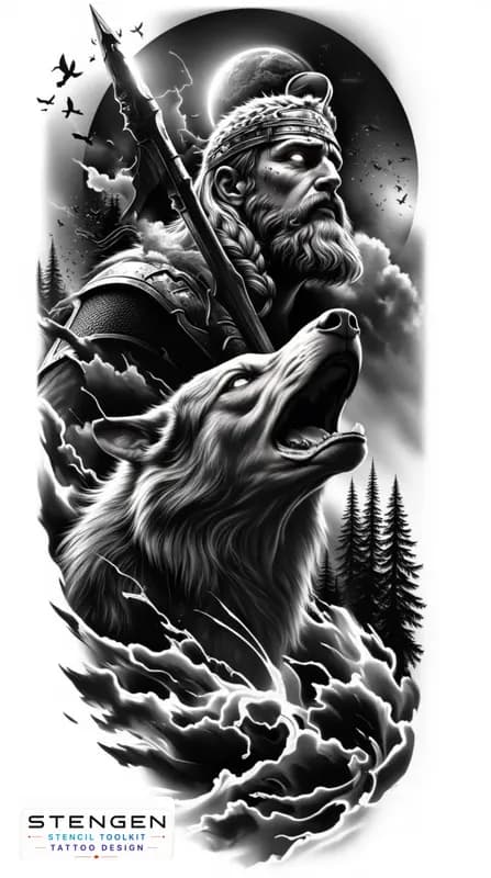 Realistic black and grey tattoo sketch of a powerful viking warrior in full armor with fur shoulder