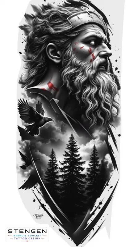 Realistic black and grey tattoo sketch of a powerful viking warrior in full armor with fur shoulder