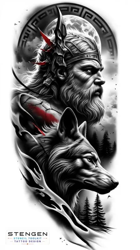 Realistic black and grey tattoo sketch of a powerful viking warrior in full armor with fur shoulder