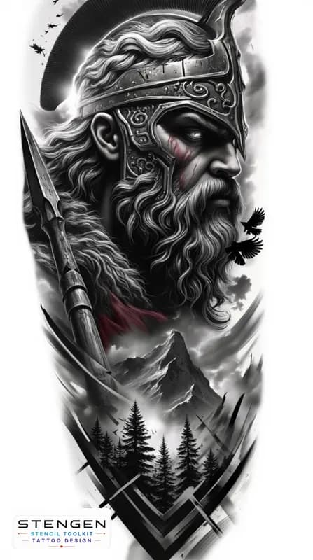 Realistic black and grey tattoo sketch of a powerful viking warrior in full armor with fur shoulder