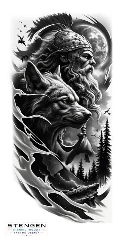 Realistic black and grey tattoo sketch of a powerful viking warrior in full armor with fur shoulder