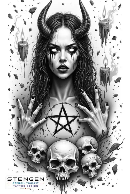 Realistic black and grey tattoo sketch of a sinister witch with hollow glowing eyes black liquid te