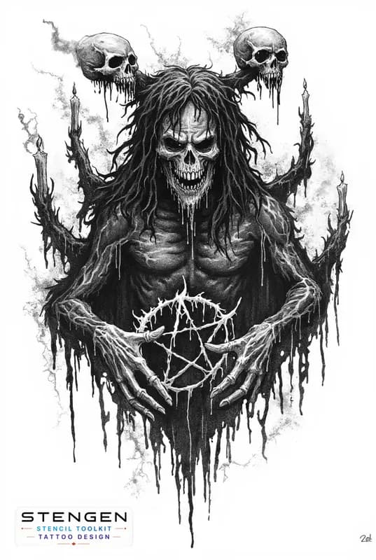 Realistic black and grey tattoo sketch of a sinister witch with hollow glowing eyes black liquid te