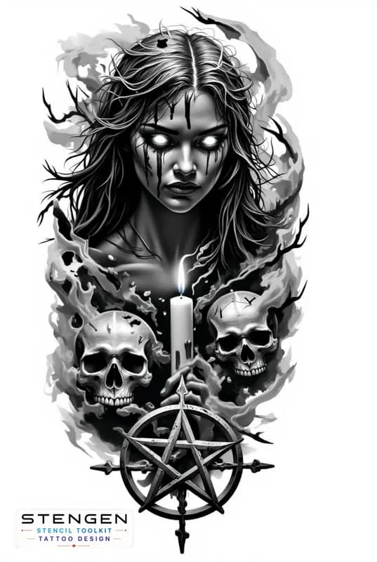Realistic black and grey tattoo sketch of a sinister witch with hollow glowing eyes black liquid te