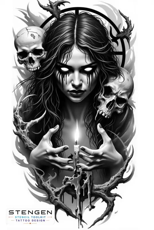 Realistic black and grey tattoo sketch of a sinister witch with hollow glowing eyes black liquid te