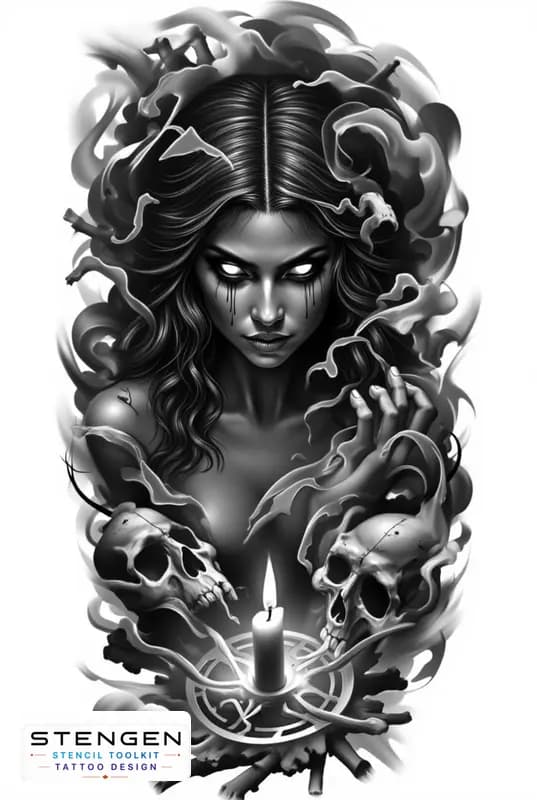 Realistic black and grey tattoo sketch of a sinister witch with hollow glowing eyes black liquid te