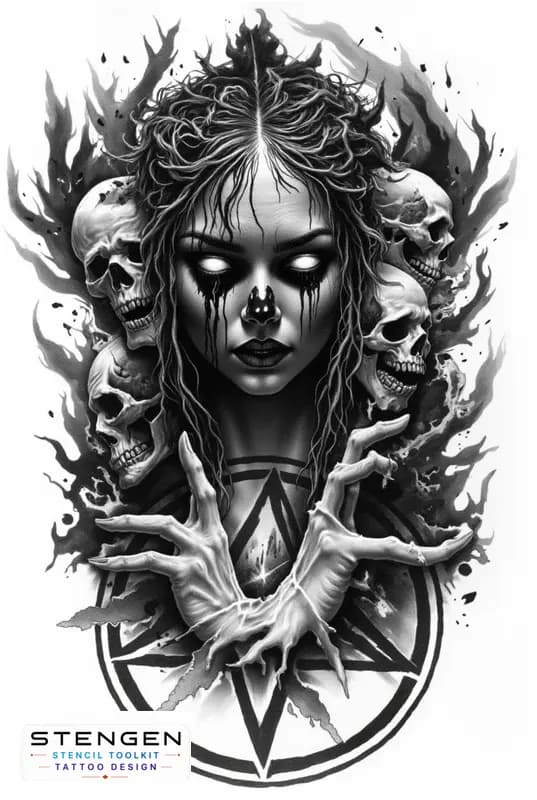 Realistic black and grey tattoo sketch of a sinister witch with hollow glowing eyes black liquid te