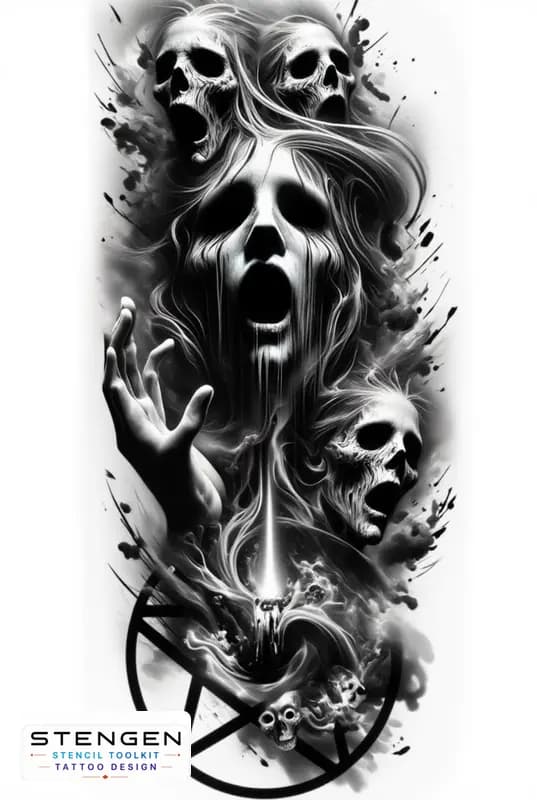 Realistic black and grey tattoo sketch of a sinister witch with hollow glowing eyes black liquid te