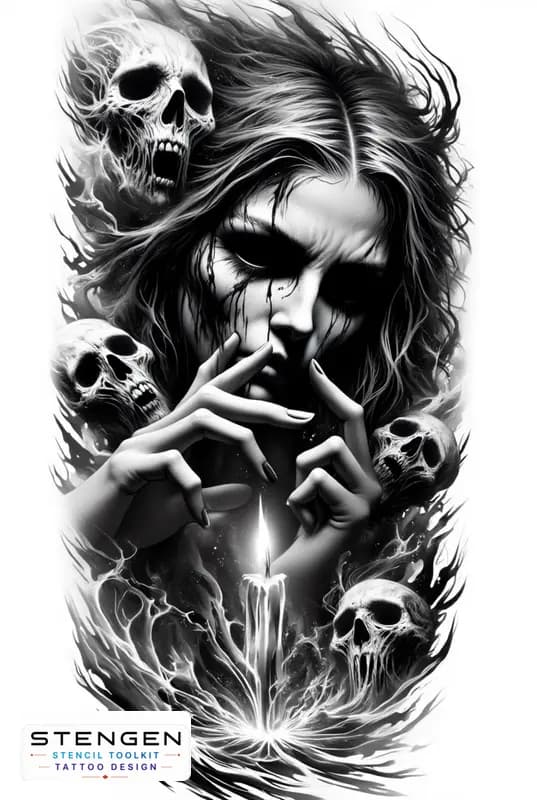 Realistic black and grey tattoo sketch of a sinister witch with hollow glowing eyes black liquid te