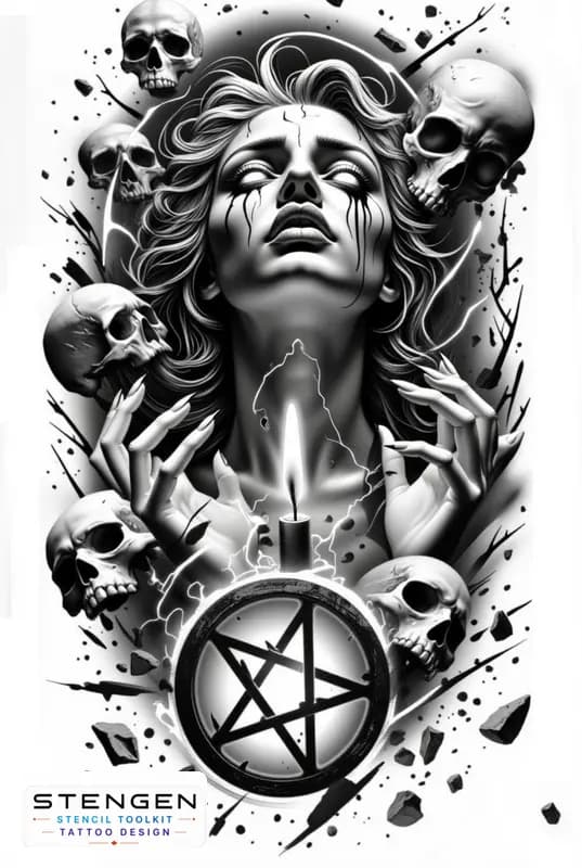 Realistic black and grey tattoo sketch of a sinister witch with hollow glowing eyes black liquid te