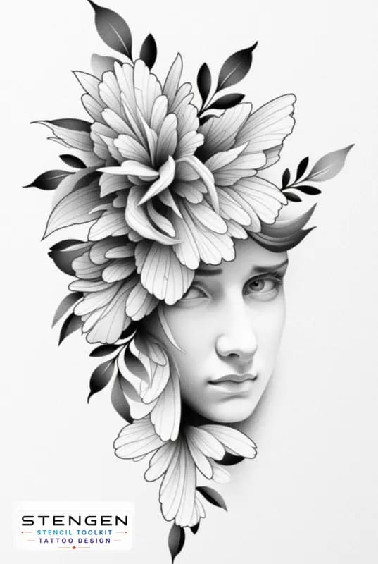 Realistic female face morphing with butterflies and botanical elements minimal background fine text tattoo design