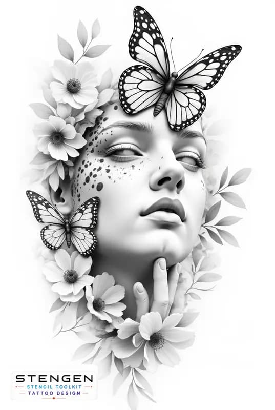 Realistic female face morphing with butterflies and botanical elements minimal background fine text tattoo design