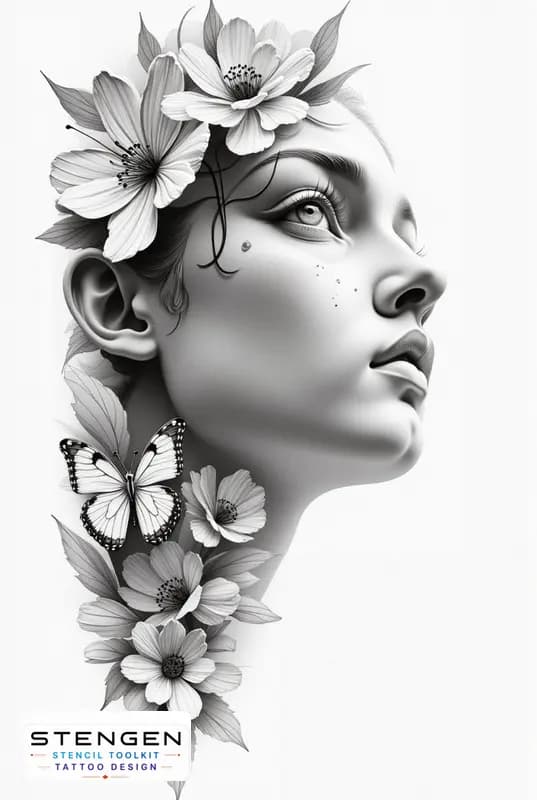 Realistic female face morphing with butterflies and botanical elements minimal background fine text tattoo design