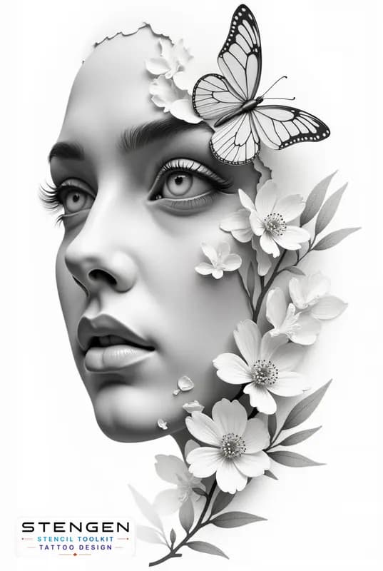 Realistic female face morphing with butterflies and botanical elements minimal background fine text tattoo design