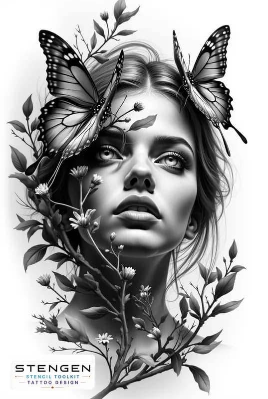 Realistic female face morphing with butterflies and botanical elements minimal background fine text tattoo design