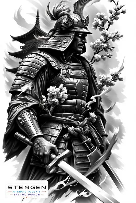 Realistic japan samurai man warrior with pagoda background and sakura flowers detailed armor wind tattoo design