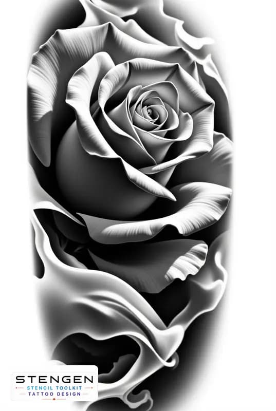 Realistic tattoo rose side view smooth petals subtle shading black and white flash style profession