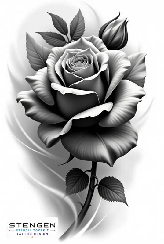Realistic tattoo rose side view smooth petals subtle shading black and white flash style profession