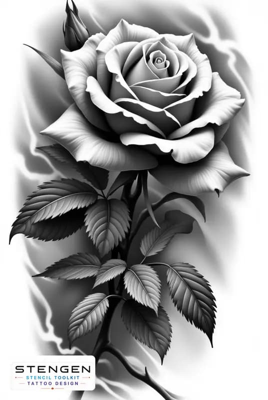 Realistic tattoo rose side view smooth petals subtle shading black and white flash style profession