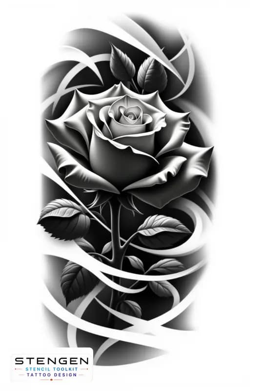 Realistic tattoo rose side view smooth petals subtle shading black and white flash style profession