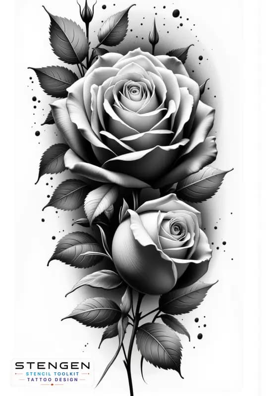 Realistic tattoo rose side view smooth petals subtle shading black and white flash style profession