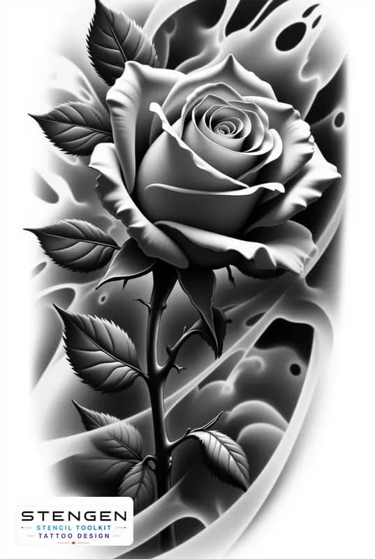 Realistic tattoo rose side view smooth petals subtle shading black and white flash style profession