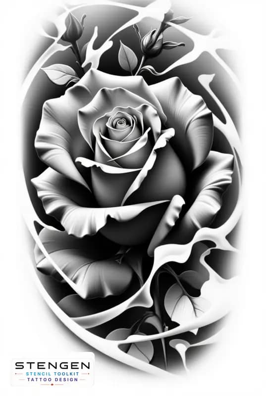 Realistic tattoo rose side view smooth petals subtle shading black and white flash style profession