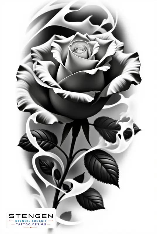 Realistic tattoo rose side view smooth petals subtle shading black and white flash style profession
