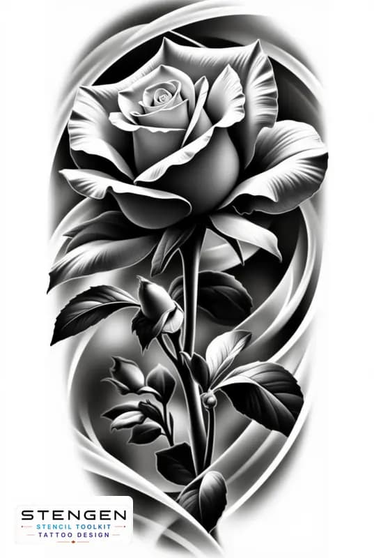 Realistic tattoo rose side view smooth petals subtle shading black and white flash style profession