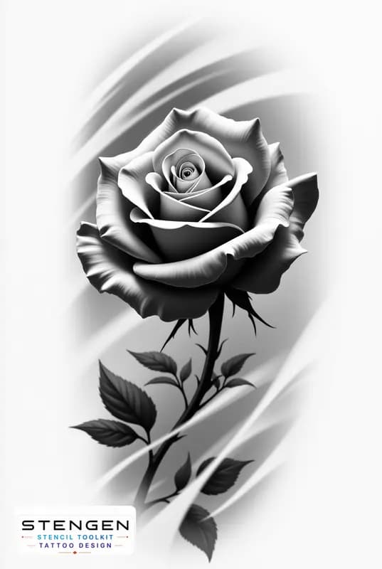 Realistic tattoo rose side view smooth petals subtle shading black and white flash style profession