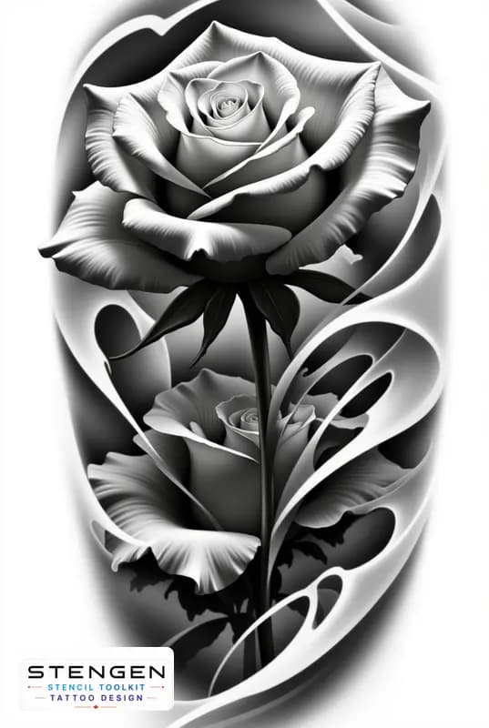 Realistic tattoo rose side view smooth petals subtle shading black and white flash style profession