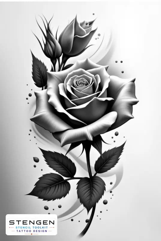 Realistic tattoo rose side view smooth petals subtle shading black and white flash style profession