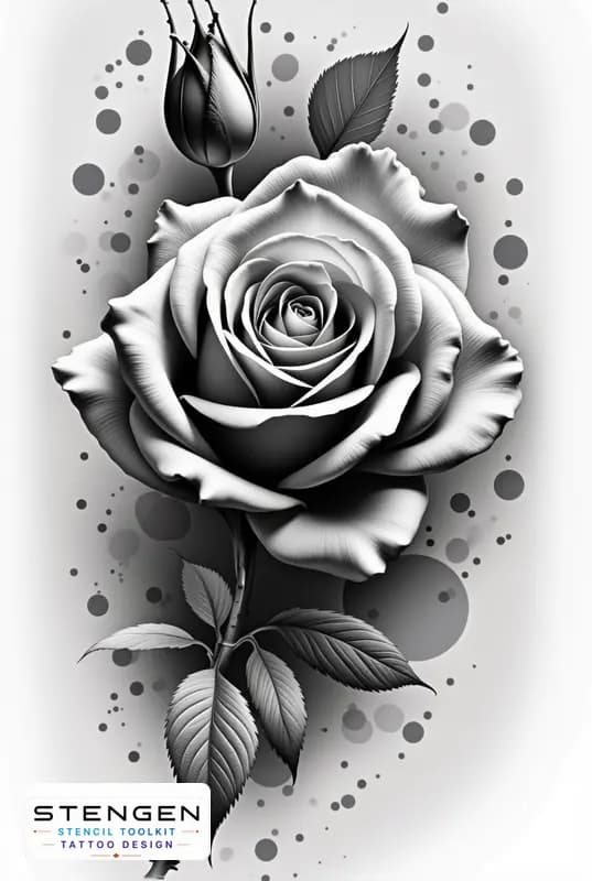 Realistic tattoo rose side view smooth petals subtle shading black and white flash style profession