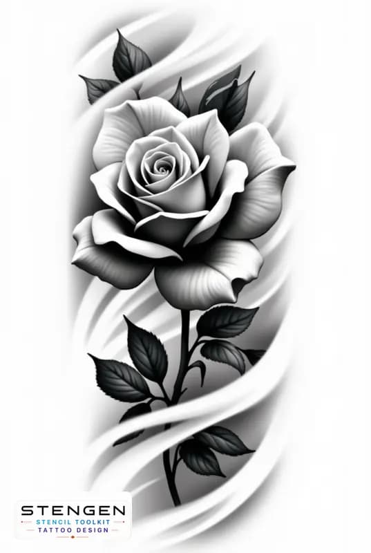 Realistic tattoo rose side view smooth petals subtle shading black and white flash style profession