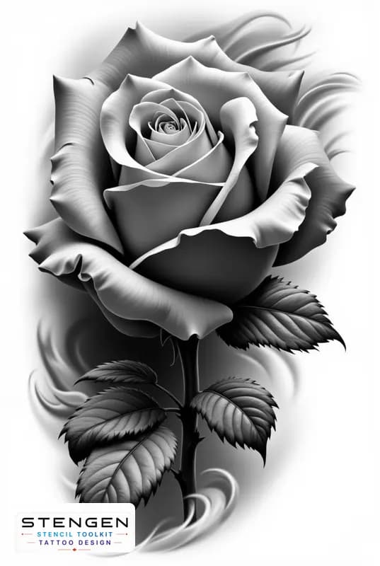 Realistic tattoo rose side view smooth petals subtle shading black and white flash style profession