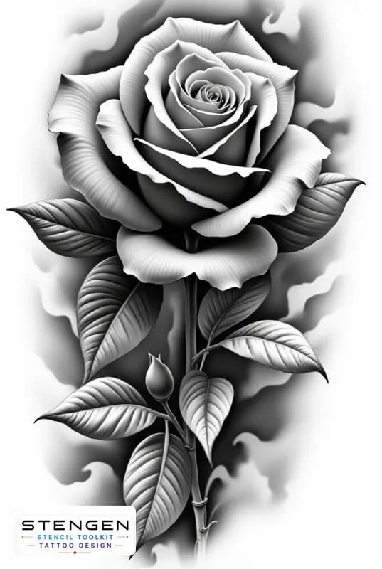 Realistic tattoo rose side view smooth petals subtle shading black and white flash style profession