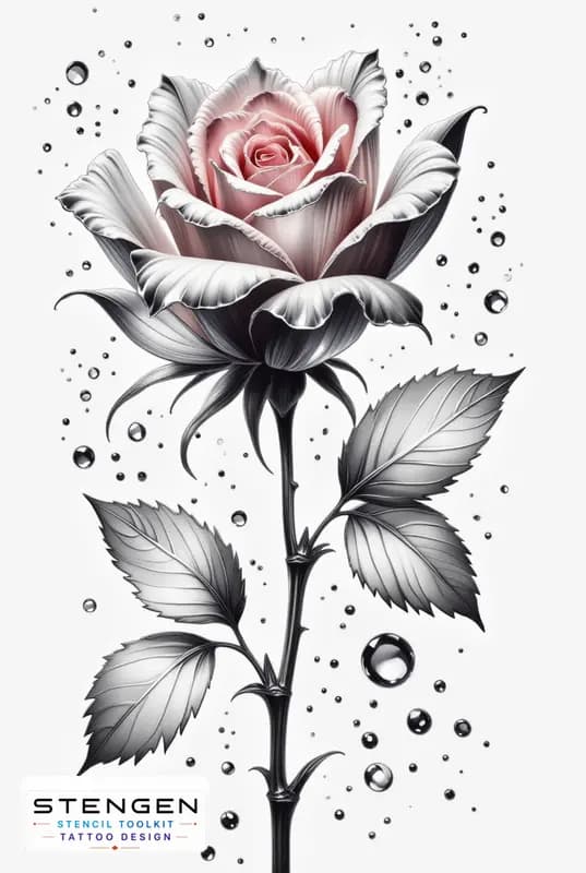 A highly detailed realistic rose with torn petals and subtle ink splatters dry blood like droplets tattoo design