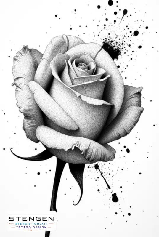 A highly detailed realistic rose with torn petals and subtle ink splatters dry blood like droplets tattoo design
