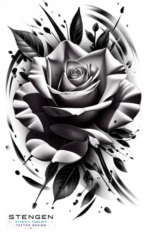 A highly detailed realistic rose with torn petals and subtle ink splatters dry blood like droplets tattoo design
