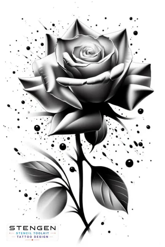 A highly detailed realistic rose with torn petals and subtle ink splatters dry blood like droplets tattoo design