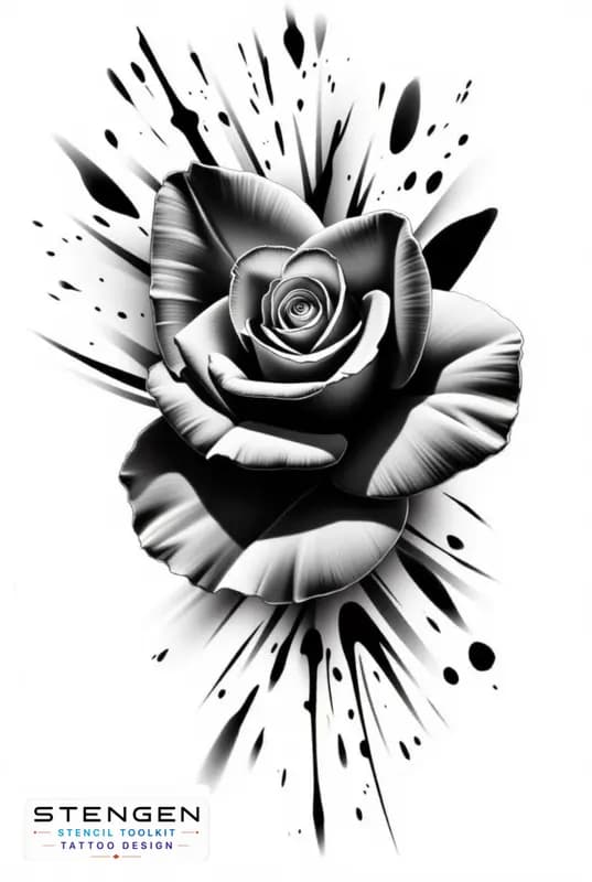 A highly detailed realistic rose with torn petals and subtle ink splatters dry blood like droplets tattoo design