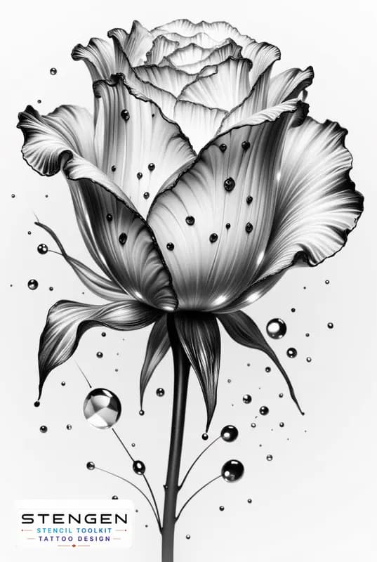 A highly detailed realistic rose with torn petals and subtle ink splatters dry blood like droplets tattoo design