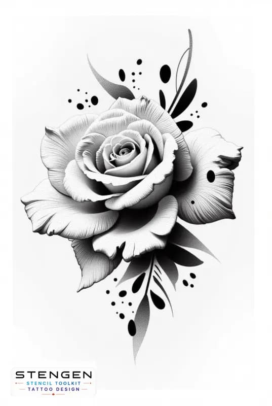 A highly detailed realistic rose with torn petals and subtle ink splatters dry blood like droplets tattoo design
