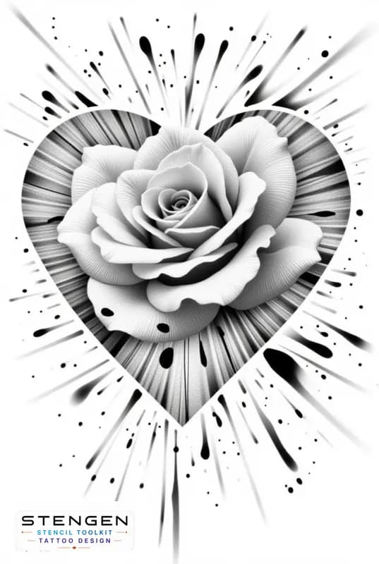 A highly detailed realistic rose with torn petals and subtle ink splatters dry blood like droplets tattoo design