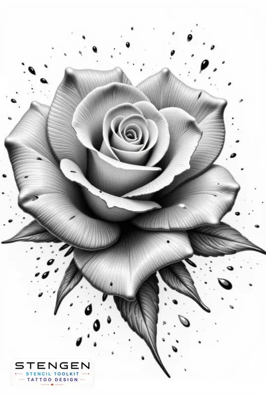 A highly detailed realistic rose with torn petals and subtle ink splatters dry blood like droplets tattoo design