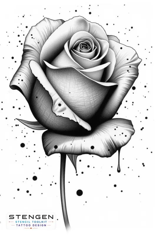 A highly detailed realistic rose with torn petals and subtle ink splatters dry blood like droplets tattoo design