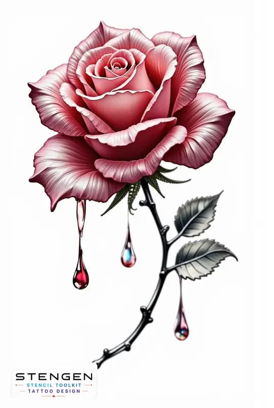 A highly detailed realistic rose with torn petals and subtle ink splatters dry blood like droplets tattoo design