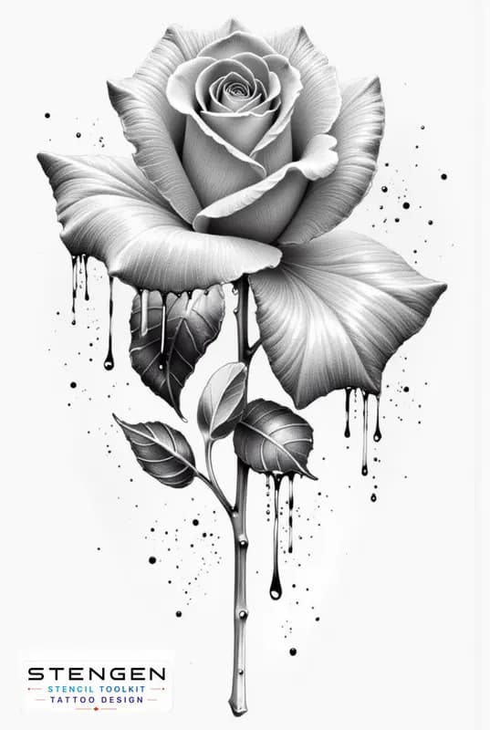 A highly detailed realistic rose with torn petals and subtle ink splatters dry blood like droplets tattoo design