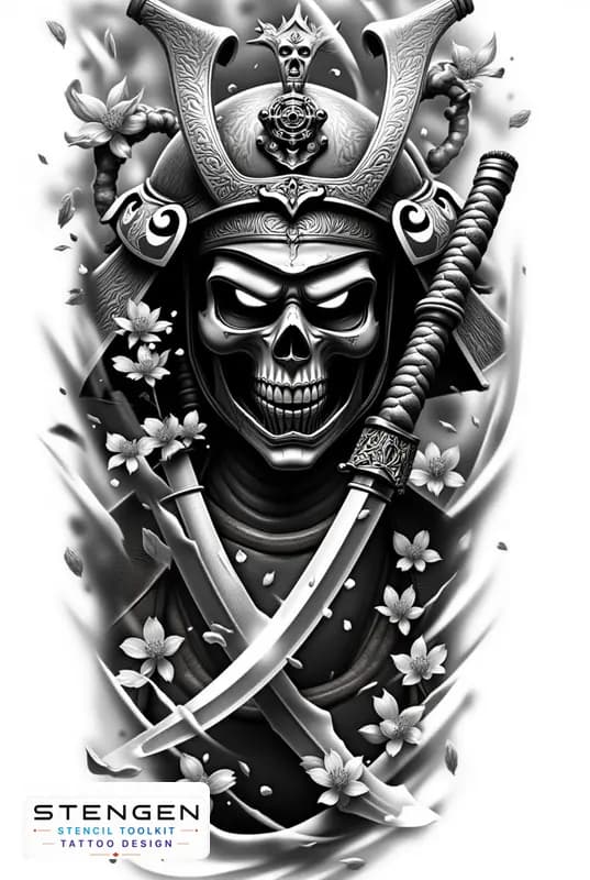 Realistic samurai skull black and white tattoo cracked oni mask with glowing eyes cherry blossoms f