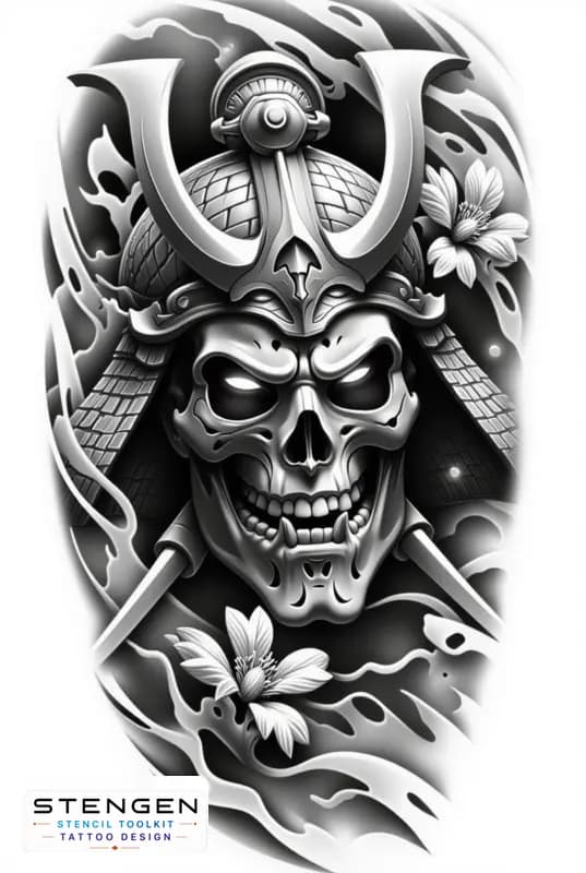 Realistic samurai skull black and white tattoo cracked oni mask with glowing eyes cherry blossoms f